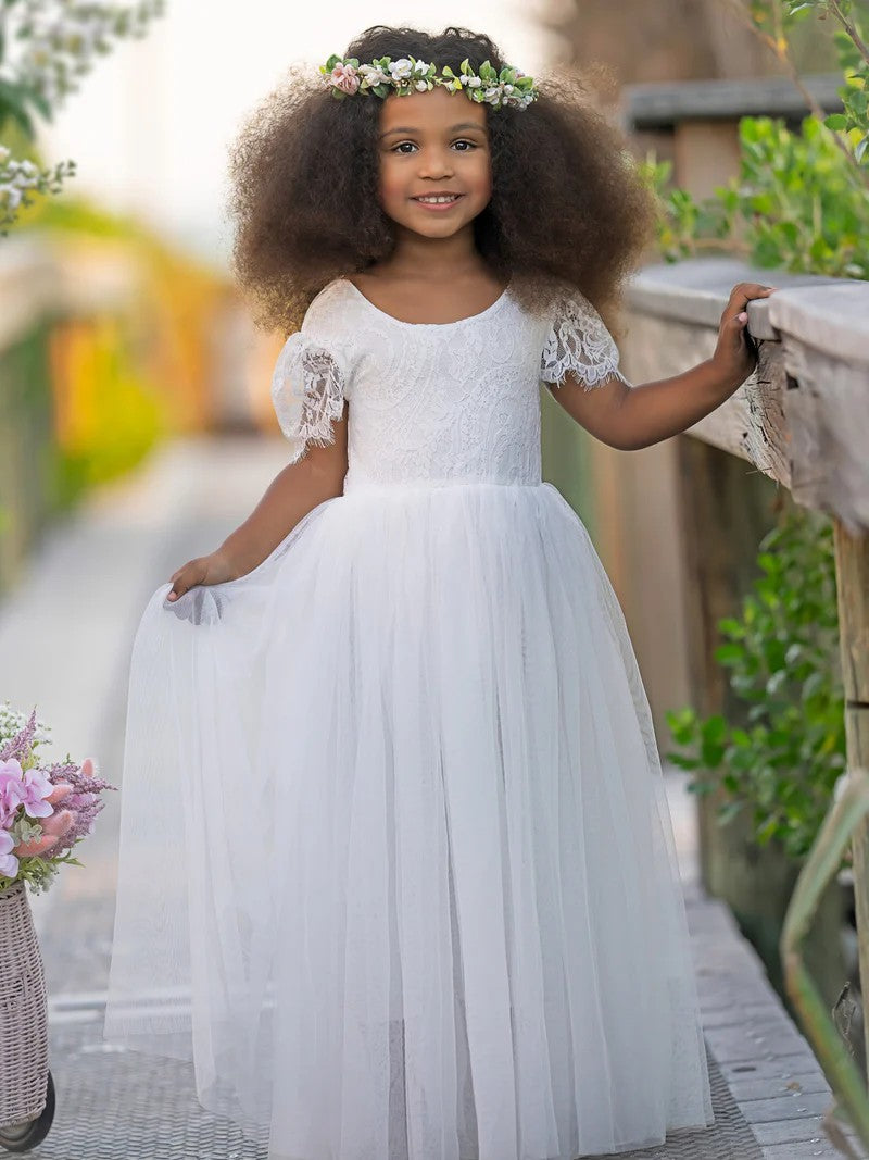 TinyTulle White A-Line Lace Ankle-length Boho Flower Girl Dress