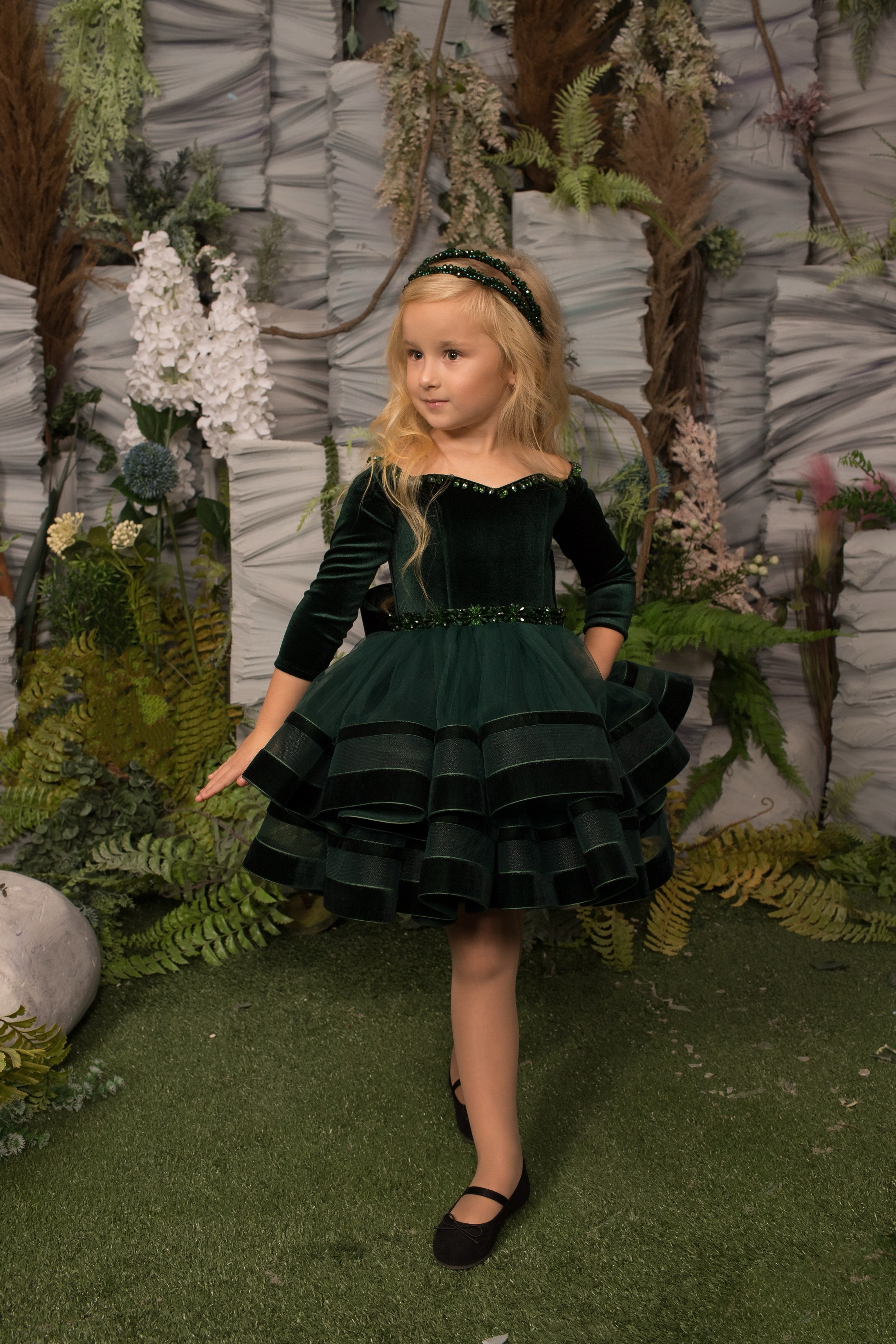 TinyTulle Elegant Emerald Green Velvet Flower Girl Dress with Layered