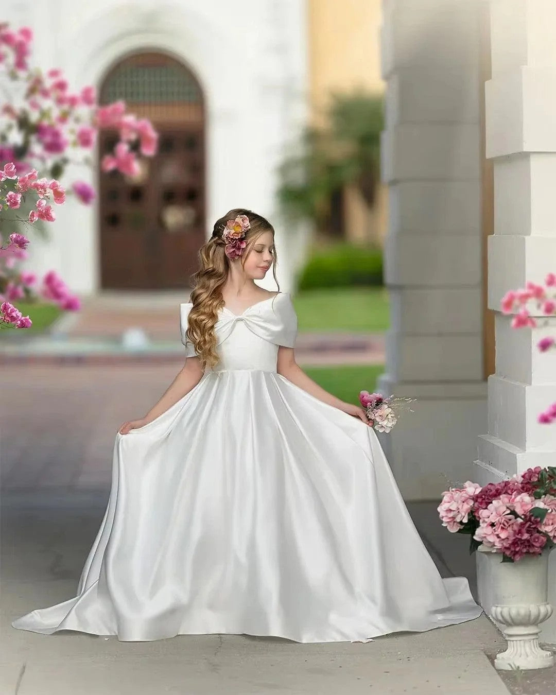 satin flower girl dress TinyTulle Elegant White with Bow & Long Train the size in the FA pattern James Bond Themed Party Color:Lilac as Pics