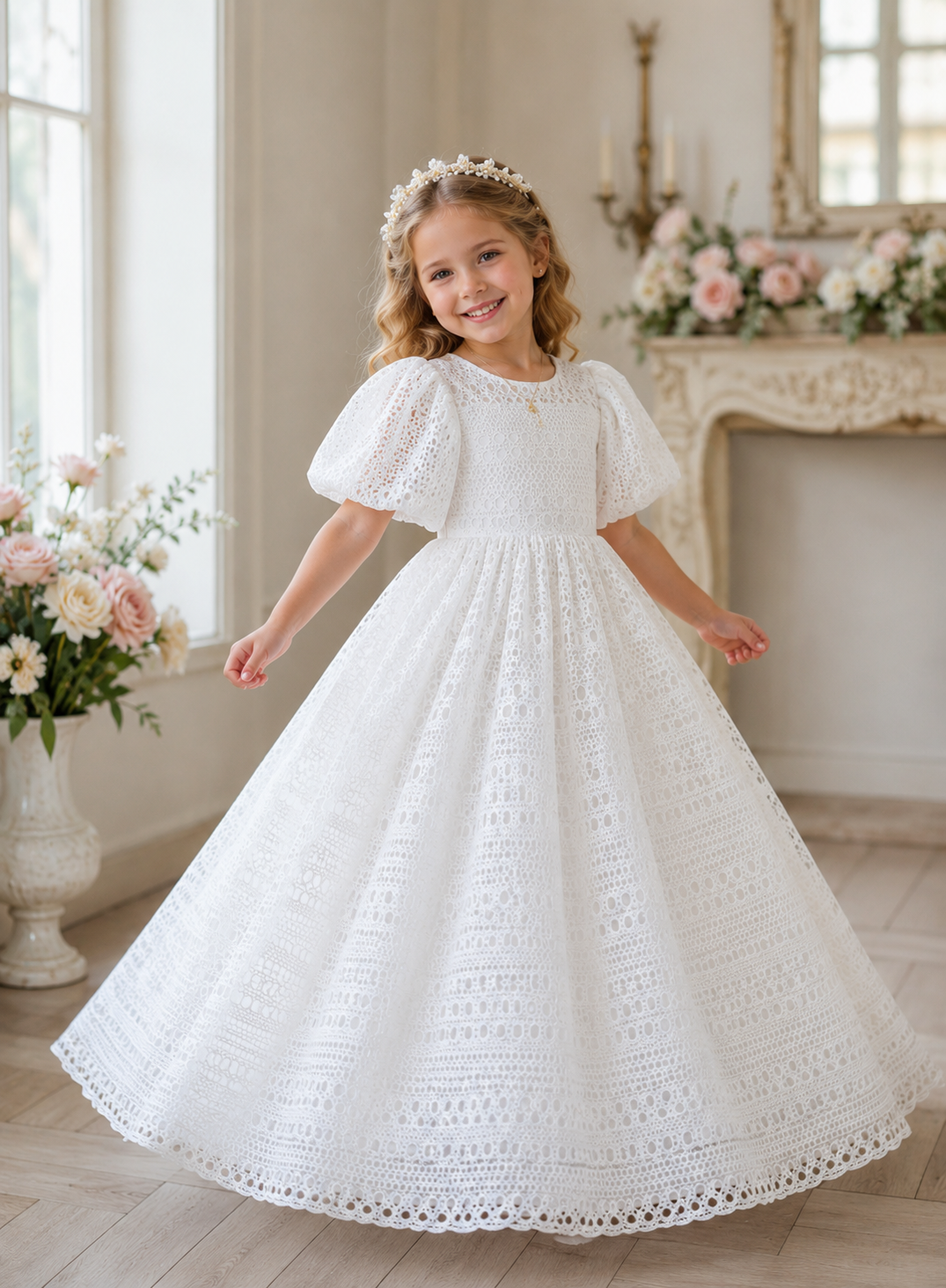 TinyTulle Elegant White Lace Puff Sleeve Flower Girl Dress for Wedding