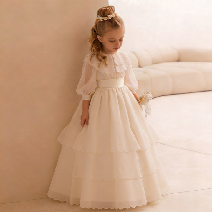 TinyTulle Ivory Tiered Tulle Flower Girl Dress with Elegant Lace Collar