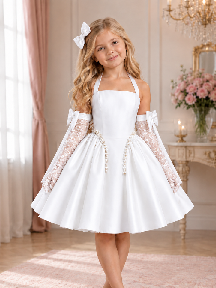 TinyTulle Pink Satin Flower Girl Dress with Lace Gloves, Pearl Trim &amp; Bow Details