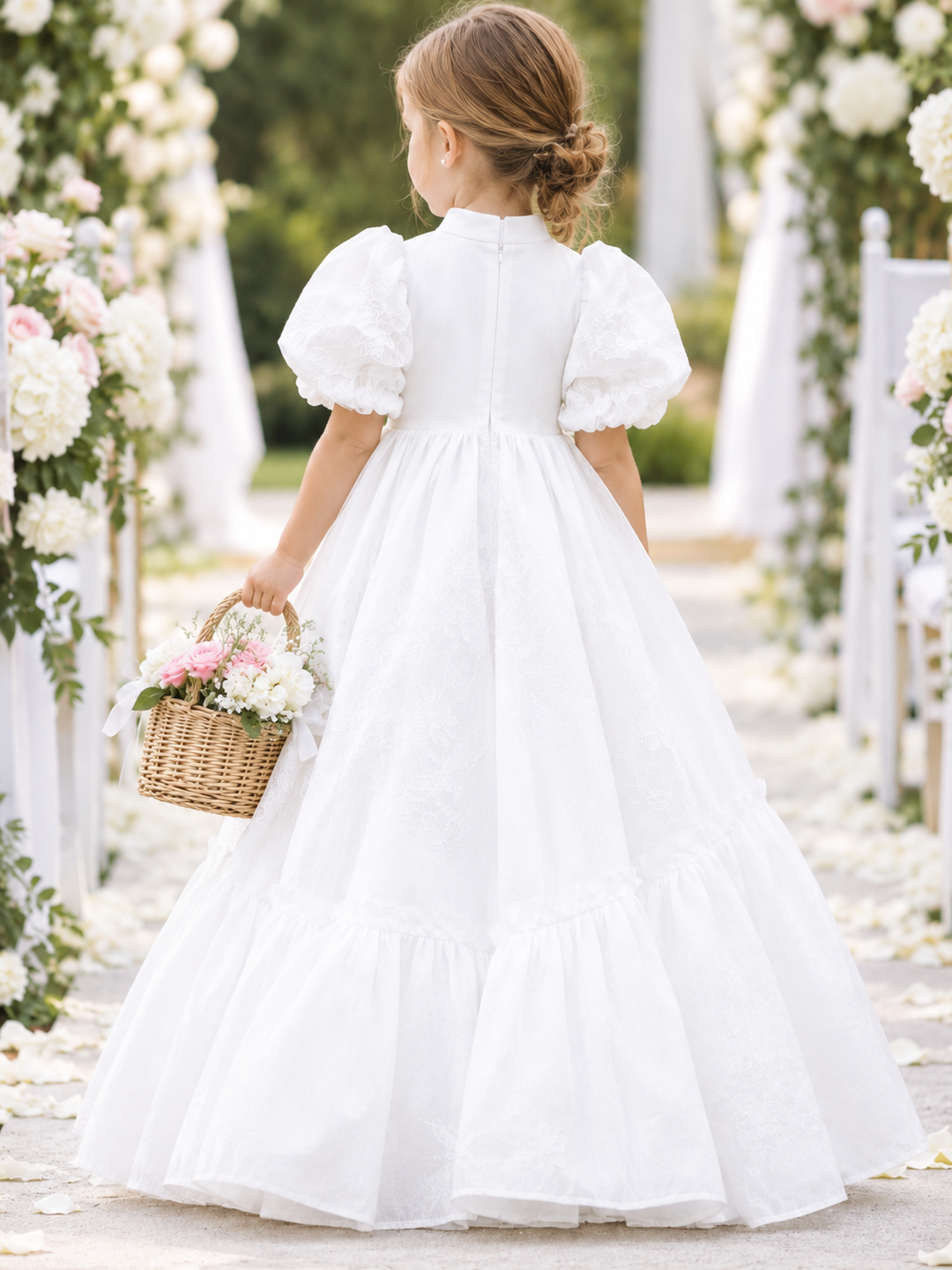 TinyTulle White Vintage Lace Flower Girl Dress with Puff Sleeves