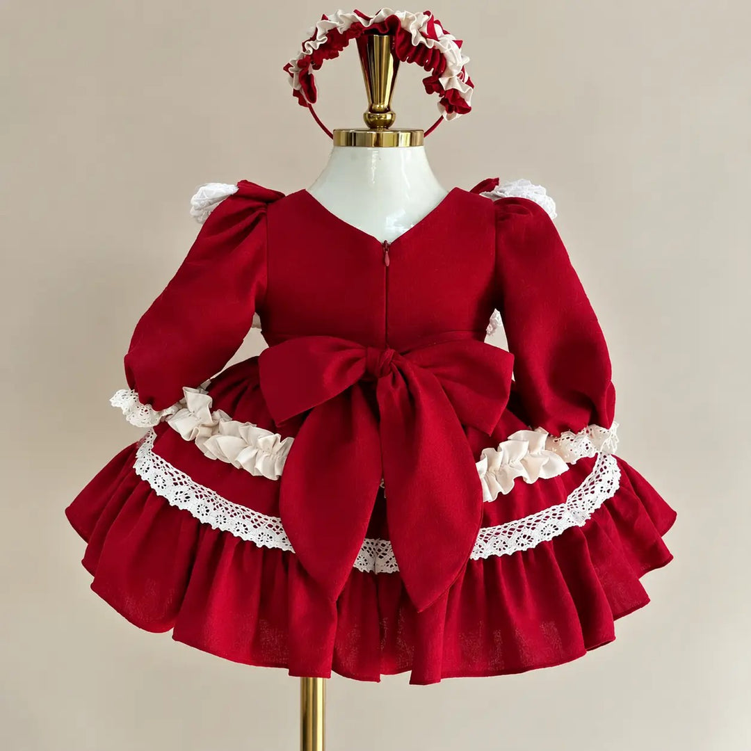 TinyTulle Elegant Burgundy Flower Girl Dress with Lace Trim and Tiered Ruffle Skirt