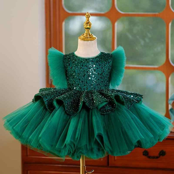 TinyTulle Emerald Green Sequin Ruffle Tulle Flower Girl Dress with Layered Skirt