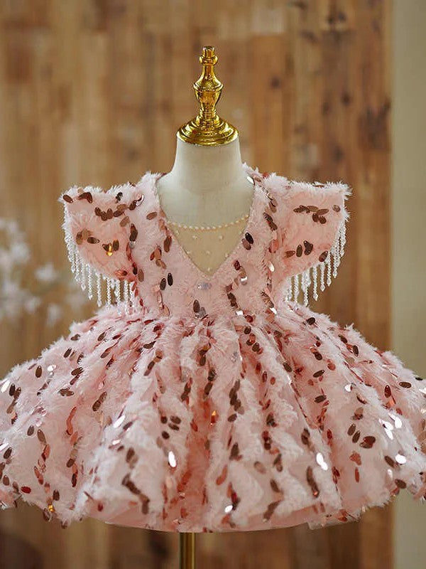 TinyTulle Pink Sequin Feather Ball Gown Flower Girl Dress with Beaded Tassel Details