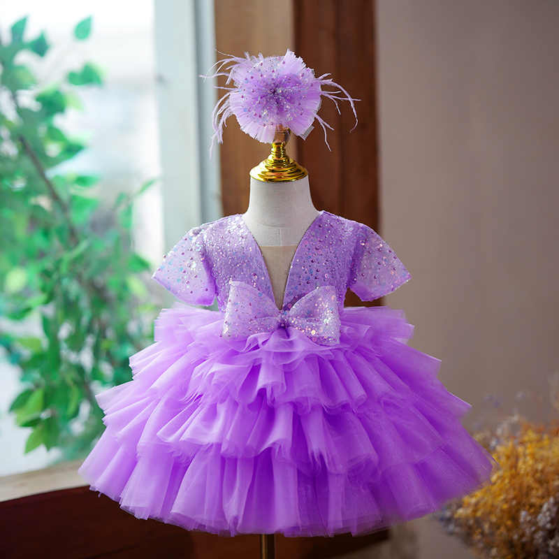 TinyTulle Purple Sequin V-Neck Layered Tulle Princess Flower Girl Dress