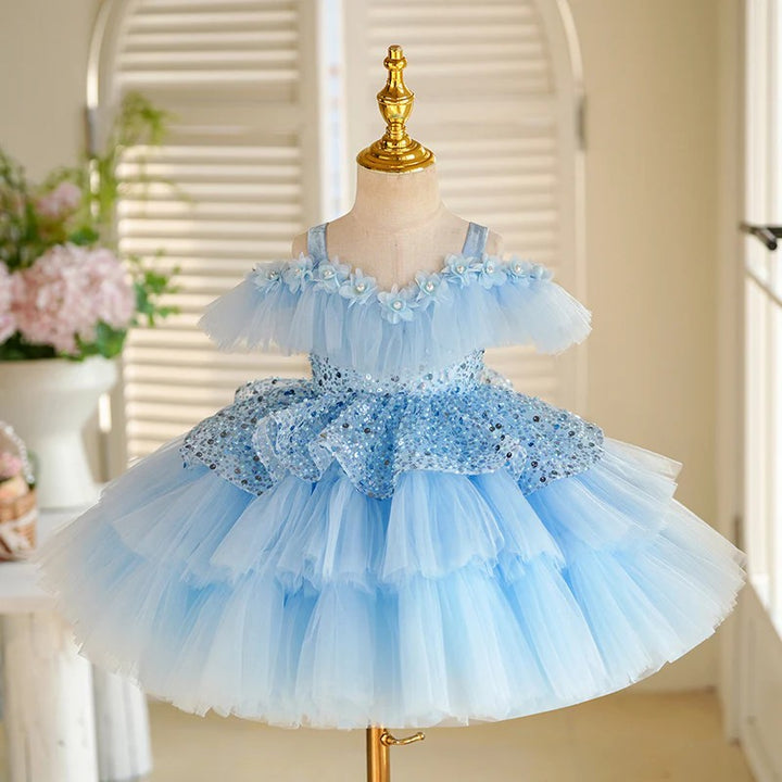 TinyTulle Blue Glitter Layered Tulle Princess Flower Girl Dress