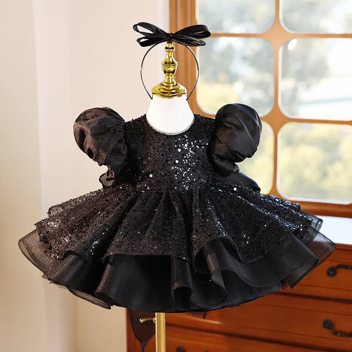 TinyTulle Black Sequin Puff Sleeve Princess Flower Girl Dress