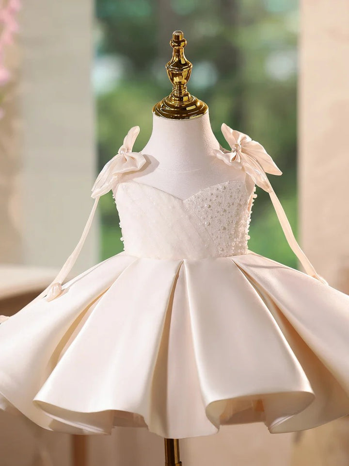 TinyTulle Elegant Ivory Satin Ball Gown with Pearl Beaded Bodice for Flower Girl &amp; First Communion
