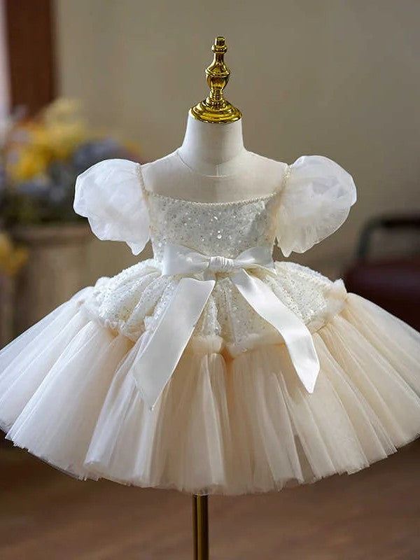 TinyTulle Champagne Puff Sleeve Bow Princess Flower Girl Dress