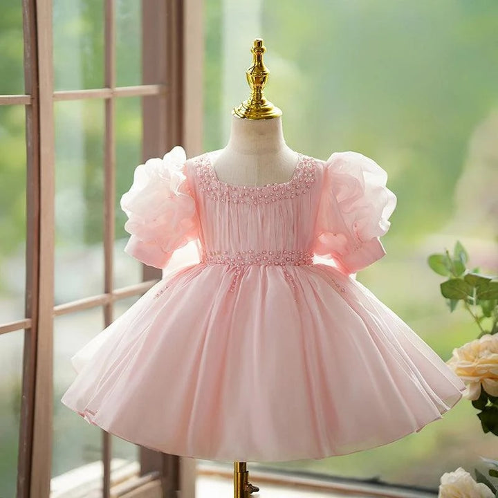 TinyTulle Blush Pink Tulle Baby Girl Dress with Puff Sleeves &amp; Pearl Beaded Details