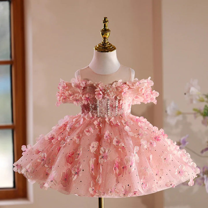TinyTulle Pink Off-Shoulder 3D Floral Ball Gown Princess Flower Girl Dress for Birthday Party