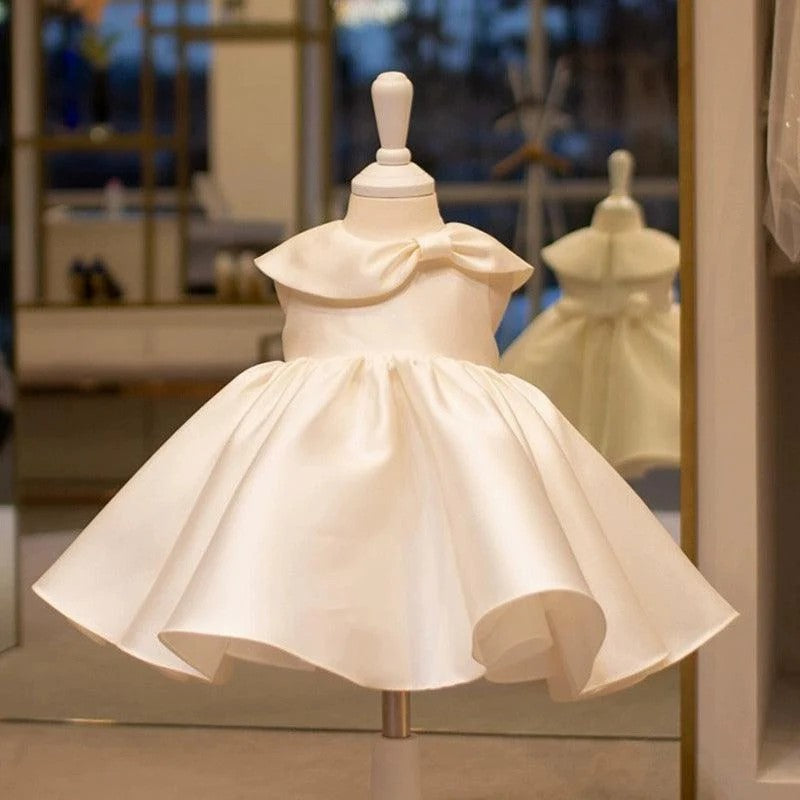 TinyTulle Elegant Ivory Satin Baby Girl Dress with Bow Collar for Christening &amp; First Birthday