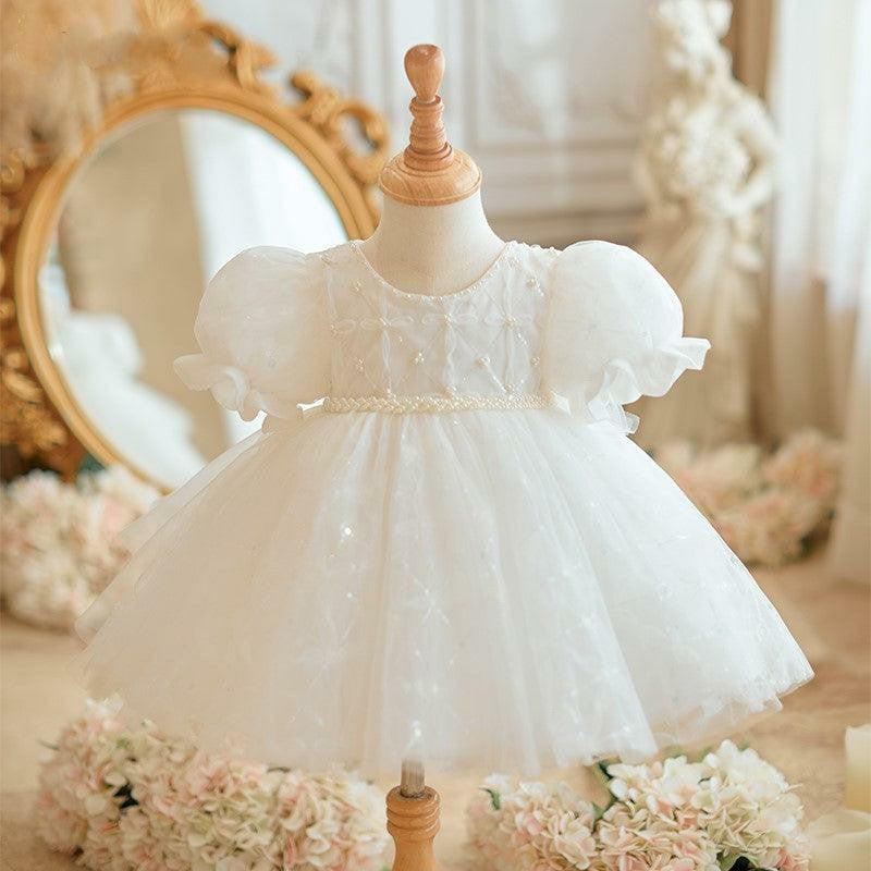 TinyTulle Ivory Pearl Lattice Tulle Baby Girl Dress First Birthday Baptism Gown