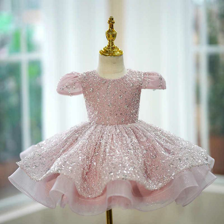 TinyTulle Sweet Pink Glitter Tulle Princess Baby Girl Dress with Star Sequins