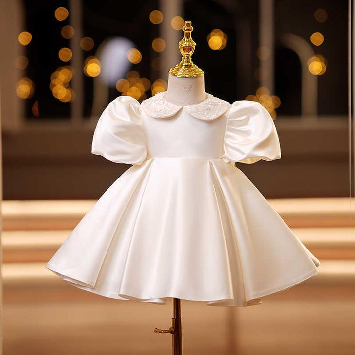 TinyTulle Ivory Satin Puff Sleeve Dress with Beaded Peter Pan Collar for First Birthday