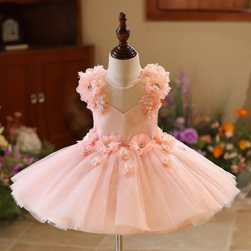 TinyTulle Blush Pink Floral Tulle Princess Flower Girl Dress