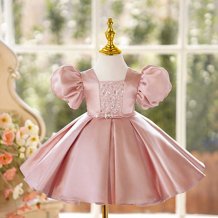 TinyTulle Pink Satin Ball Gown Flower Girl Dress with Crystals and Bow Detail
