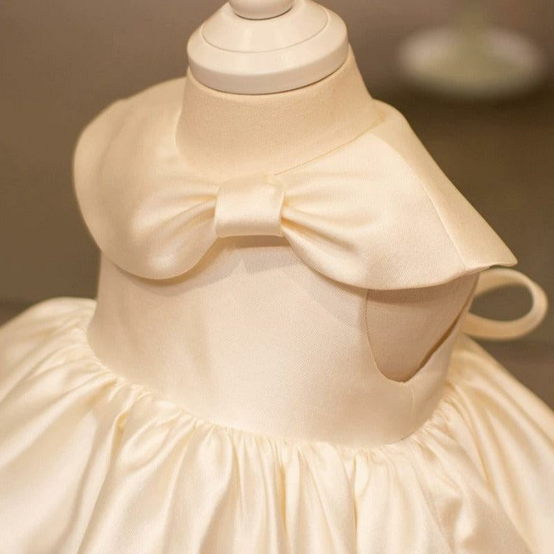 TinyTulle Elegant Ivory Satin Baby Girl Dress with Bow Collar for Christening &amp; First Birthday