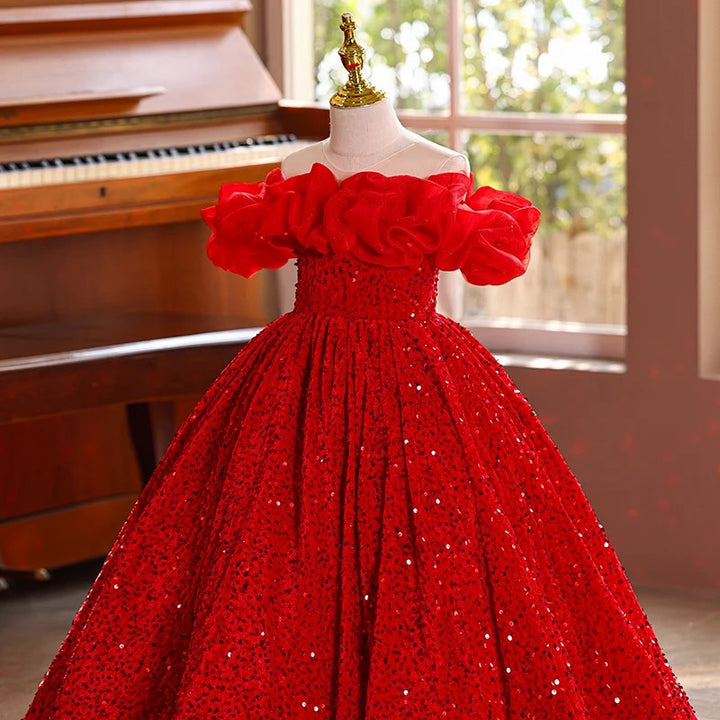 TinyTulle Red Sequin Ruffled Off-Shoulder Ball Gown for Pageants &amp; Holiday Parties