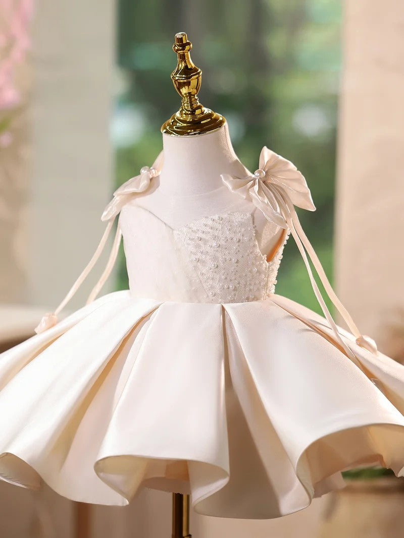 TinyTulle Elegant Ivory Satin Ball Gown with Pearl Beaded Bodice for Flower Girl &amp; First Communion