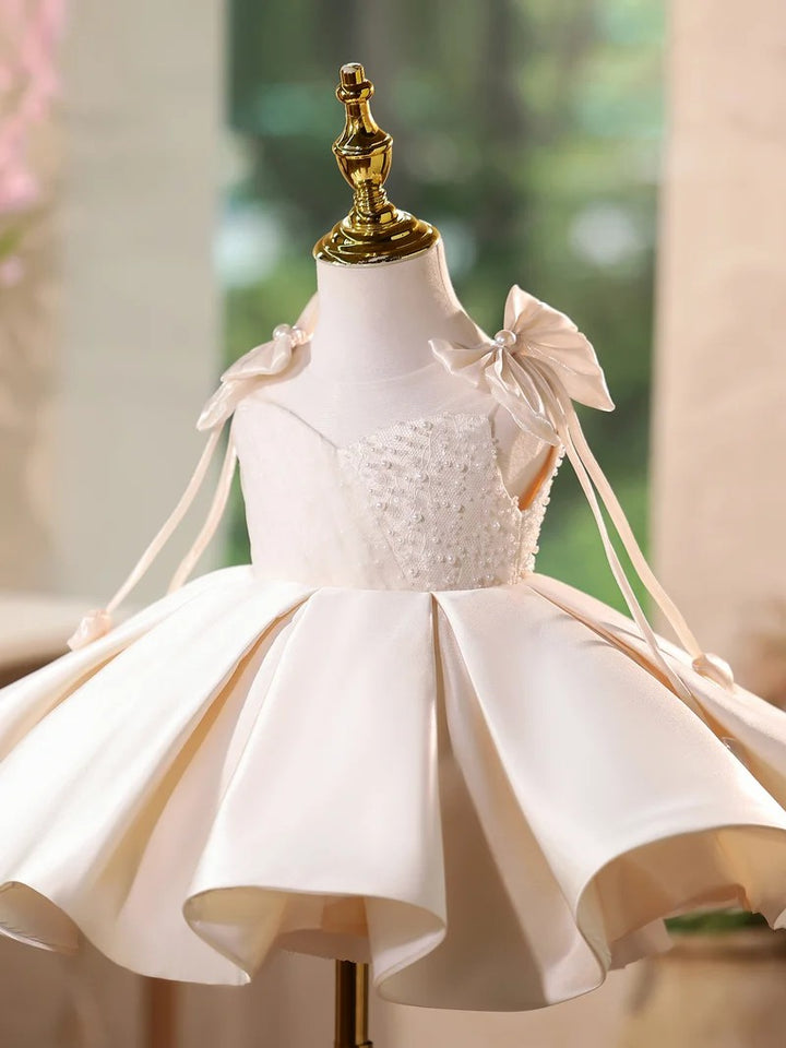 TinyTulle Elegant Ivory Satin Ball Gown with Pearl Beaded Bodice for Flower Girl &amp; First Communion