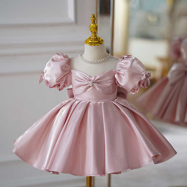 TinyTulle Blush Pink Satin Puff Sleeve Princess Flower Girl Dress with Bow