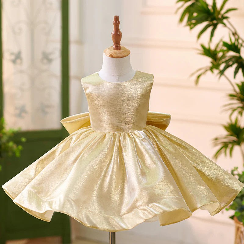 TinyTulle Luxurious Gold Satin Sleeveless V Back Flower Girl Dress with Bow