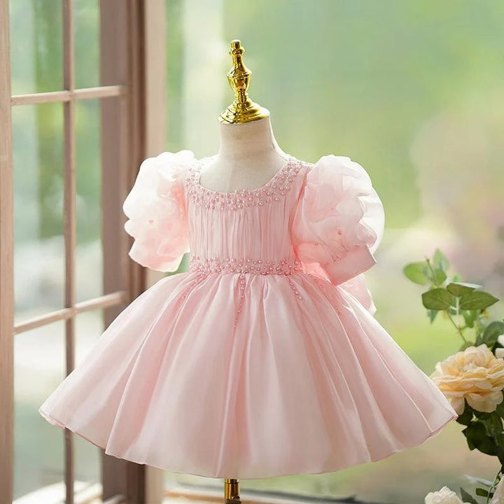 TinyTulle Blush Pink Tulle Baby Girl Dress with Puff Sleeves &amp; Pearl Beaded Details