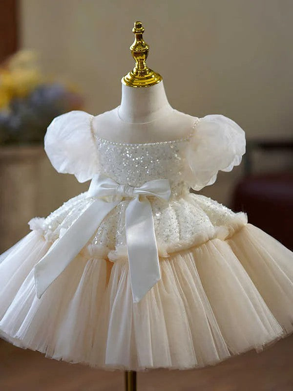 TinyTulle Champagne Puff Sleeve Bow Princess Flower Girl Dress
