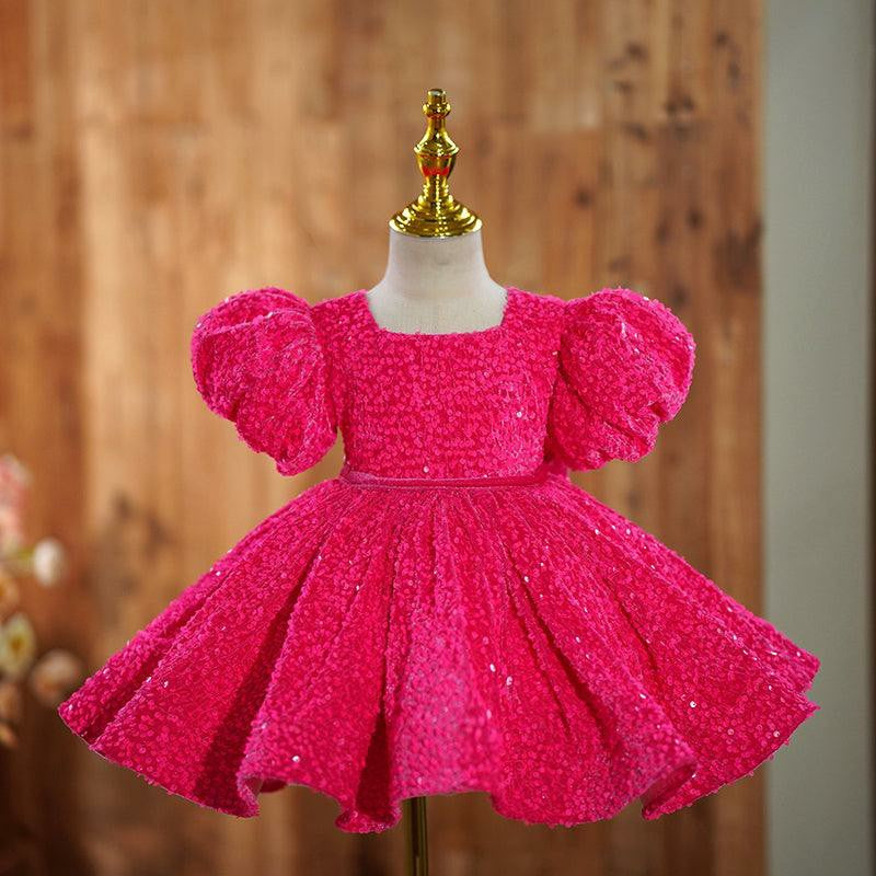TinyTulle Hot Pink Sequin Puff Sleeve Flower Girl Dress with Velvet Bow for Birthday &amp; Pageant