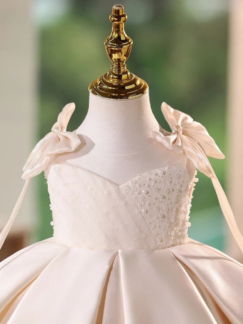 TinyTulle Elegant Ivory Satin Ball Gown with Pearl Beaded Bodice for Flower Girl &amp; First Communion