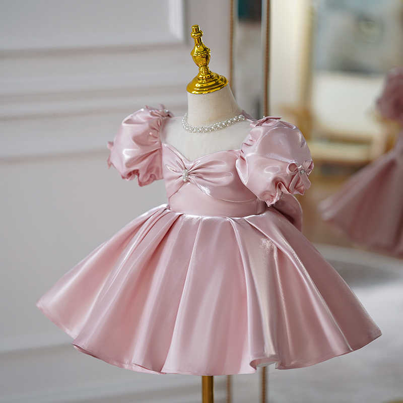 TinyTulle Blush Pink Satin Puff Sleeve Princess Flower Girl Dress with Bow
