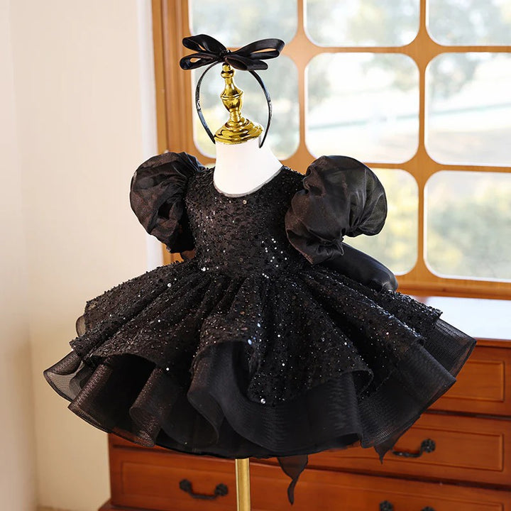 TinyTulle Black Sequin Puff Sleeve Princess Flower Girl Dress