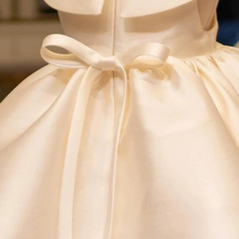 TinyTulle Elegant Ivory Satin Baby Girl Dress with Bow Collar for Christening &amp; First Birthday