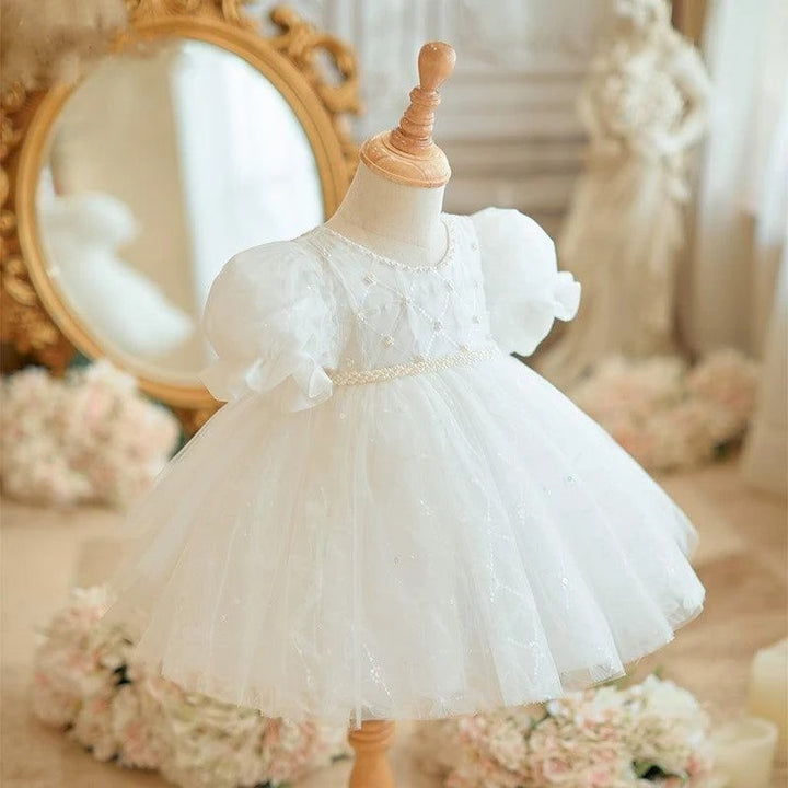 TinyTulle Ivory Pearl Lattice Tulle Baby Girl Dress First Birthday Baptism Gown