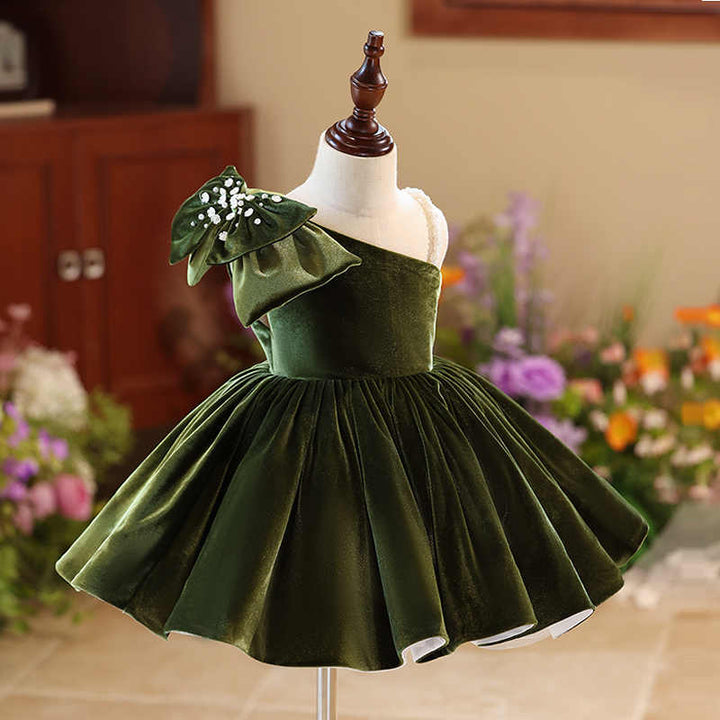 TinyTulle Emerald Velvet One-Shoulder Flower Girl Dress with Statement Bow