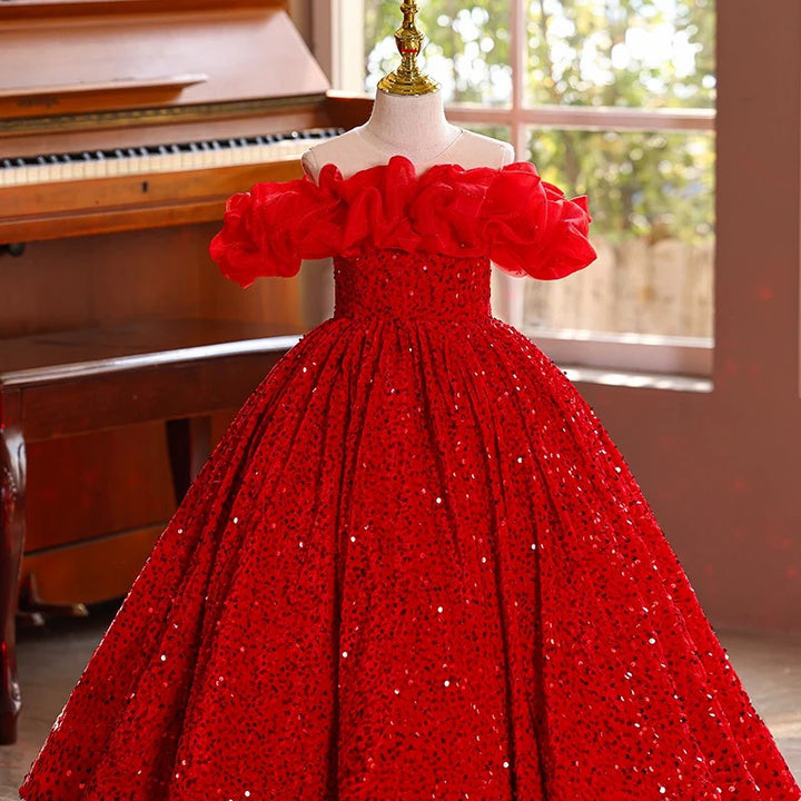 TinyTulle Red Sequin Ruffled Off-Shoulder Ball Gown for Pageants &amp; Holiday Parties