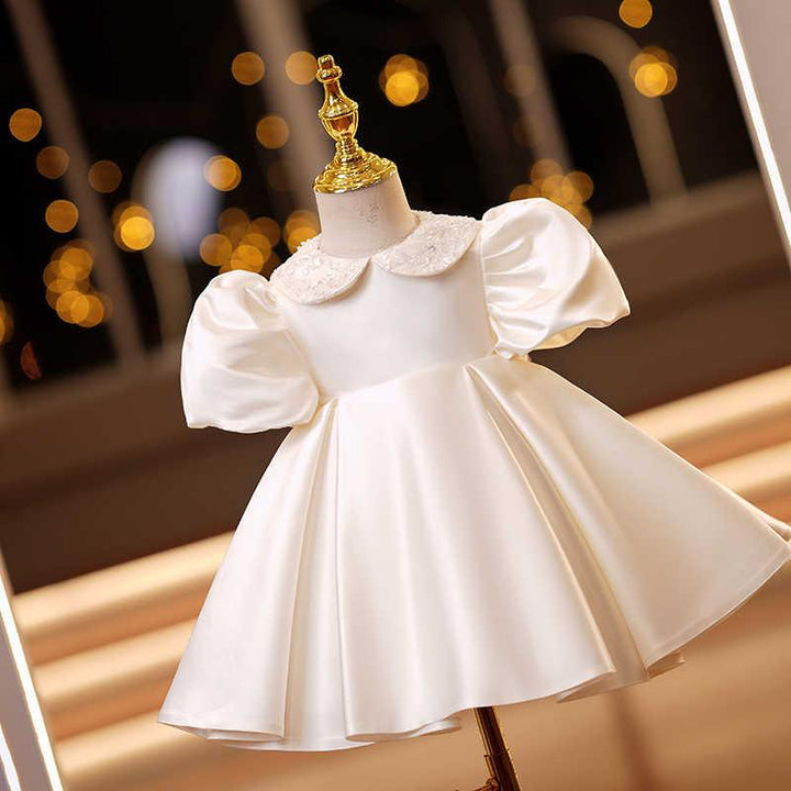 TinyTulle Ivory Satin Puff Sleeve Dress with Beaded Peter Pan Collar for First Birthday
