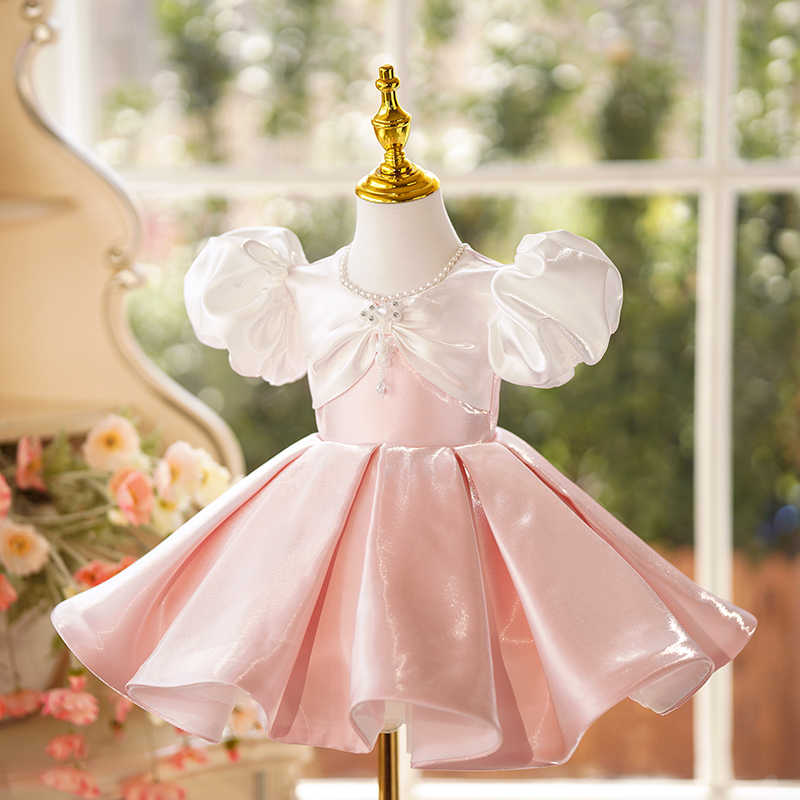 TinyTulle Blush Pink Satin Princess Flower Girl Dress with Puffy Sleeves