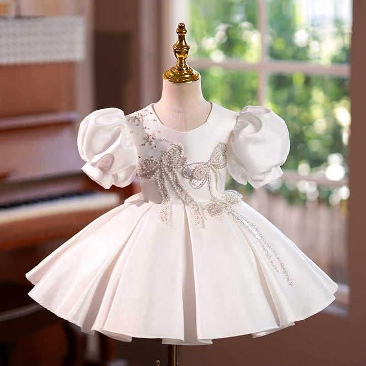 TinyTulle Elegant White Puff Sleeve Princess Flower Girl Dress with Beaded Butterfly Details