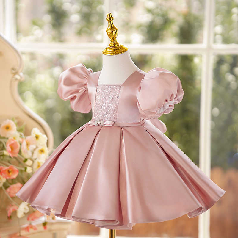 TinyTulle Pink Satin Ball Gown Flower Girl Dress with Crystals and Bow Detail