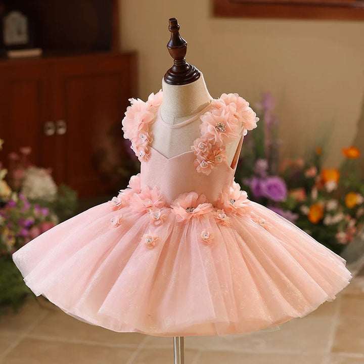 TinyTulle Blush Pink Floral Tulle Princess Flower Girl Dress