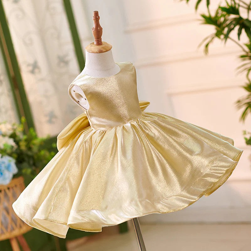 TinyTulle Luxurious Gold Satin Sleeveless V Back Flower Girl Dress with Bow