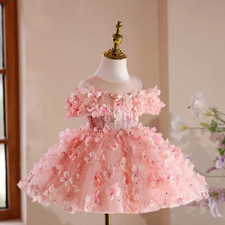 TinyTulle Pink Off-Shoulder 3D Floral Ball Gown Princess Flower Girl Dress for Birthday Party