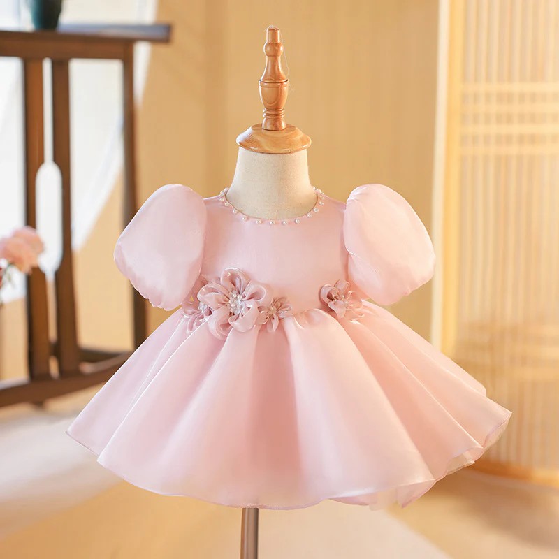 TinyTulle Blush Pink Puff Sleeve Princess Flower Girl Dress