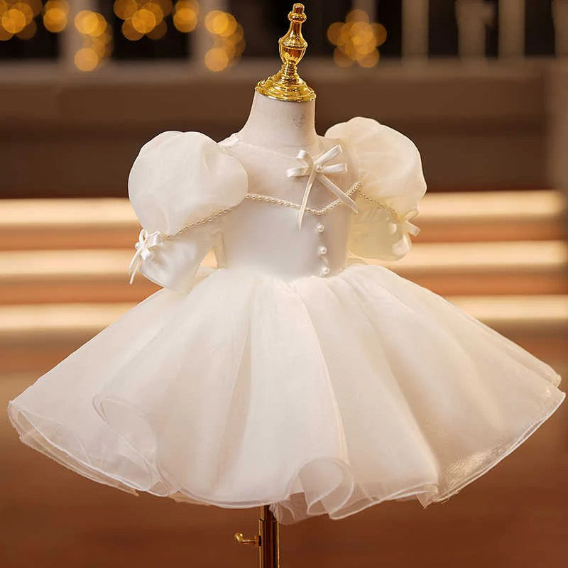 TinyTulle Ivory Puff Sleeve Princess Flower Girl Dress with Bow Detail