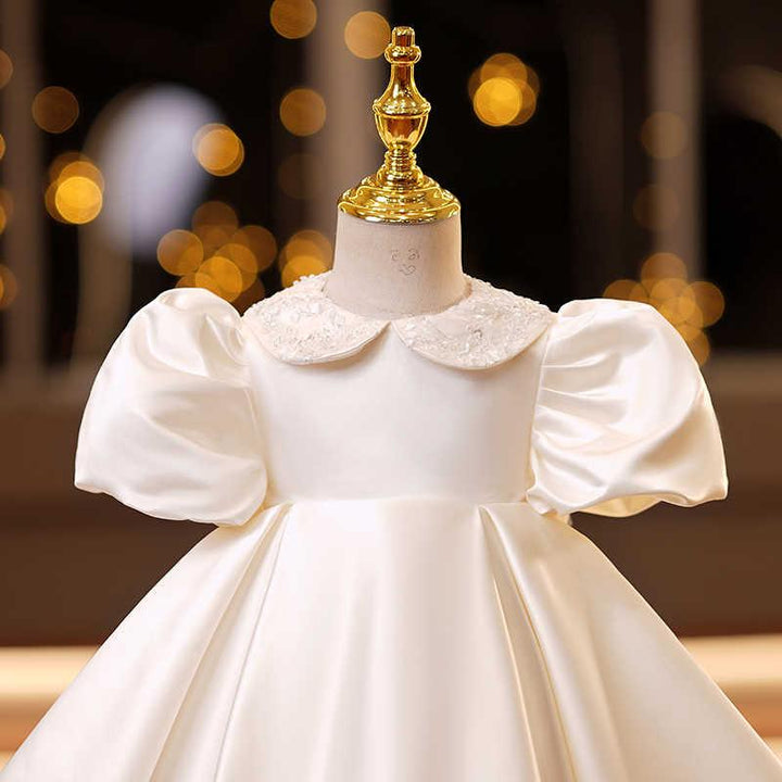 TinyTulle Ivory Satin Puff Sleeve Dress with Beaded Peter Pan Collar for First Birthday