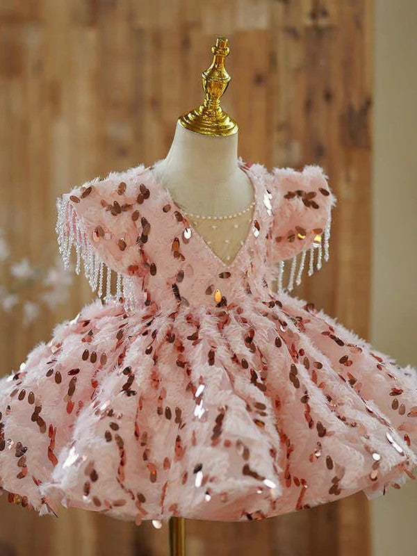 TinyTulle Pink Sequin Feather Ball Gown Flower Girl Dress with Beaded Tassel Details